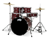 PDP CENTER Stage Drum Kit, 5pc, 20" W/ Hardware and Cymbals - Ruby Red Sparkle