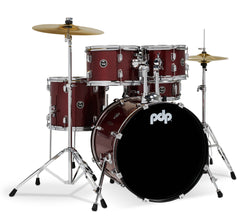 PDP CENTER Stage Drum Kit, 5pc, 20" W/ Hardware and Cymbals - Ruby Red Sparkle