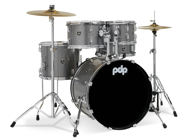 PDP CENTER Stage Drum Kit, 5pc, 20" W/ Hardware and Cymbals - Silver Sparkle