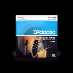 Daddario EJ36 .010 Gauge 12 String Acoustic Guitar Strings
