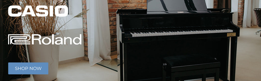 Piano Banner Image With Casio and Roland Logos and Link to Pianos Collection